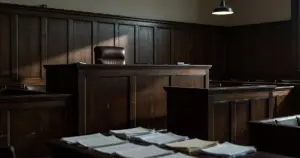 Empty courtroom with judge's bench and witness stand, papers scattered on table in foreground