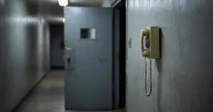 Prison corridor with open steel door and wall-mounted phone with hanging handset in dim institutional lighting