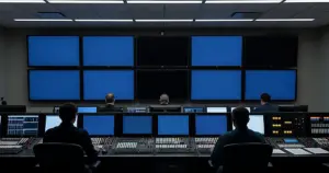 Broadcast control room with blank monitors and silhouetted operators at control panels