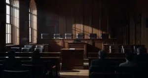 Empty federal courtroom with seven vacant judge's chairs behind the bench, silhouetted observers in foreground