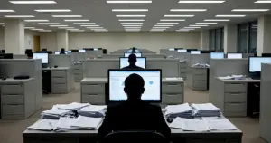 Government office worker reviewing healthcare enrollment documents at desk with computer and filing systems
