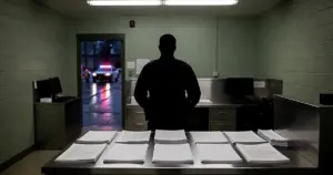 Military police booking station with silhouetted officer and emergency lights visible through doorway