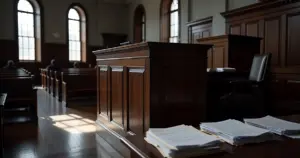 Empty Massachusetts courtroom with judge's bench, witness stand, and legal documents on table in dramatic window light
