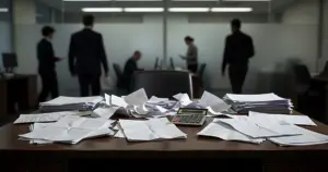 Disorganized office desk with scattered blank financial documents and calculator under fluorescent lighting
