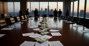 Boardroom table with scattered documents and stacked currency, silhouetted figures standing along windows at dusk
