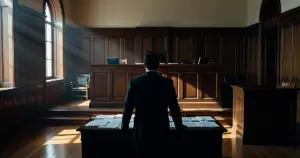 Empty federal courtroom with silhouetted prosecutor standing at table beneath judge's bench