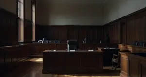 Empty federal courtroom with judge's bench and witness stand in dramatic side lighting