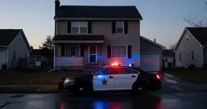 Sheriff patrol car with flashing lights parked outside dark suburban home at dusk