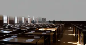 Interior of Oregon legislative chamber with empty desks and silhouetted figures in aisles during afternoon
