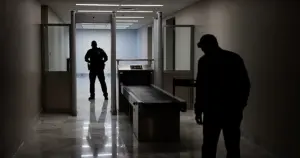 Security checkpoint with metal detector and guard silhouette at federal courthouse entrance