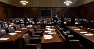 Senate hearing chamber with scattered documents on desks and silhouetted figures moving through background aisles