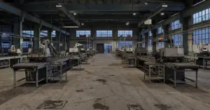 Empty factory floor with silent assembly line equipment and industrial machinery at dusk