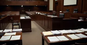 Empty federal courtroom with judicial bench and scattered legal documents on tables