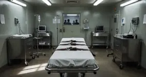 Empty execution chamber with gurney and medical equipment under fluorescent lighting