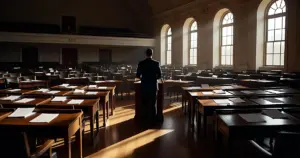 Silhouetted figure at podium in state legislative chamber with afternoon sunlight streaming through windows