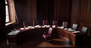 Empty Supreme Court bench with nine leather chairs and scattered documents in dramatic window lighting