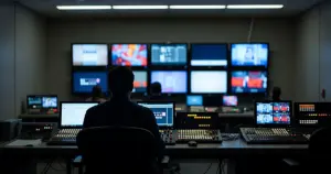 Silhouetted broadcast control room operator at desk with multiple glowing television monitors on wall