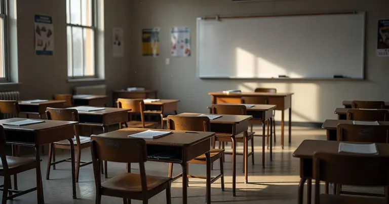 Empty secondary school classroom with rows of desks and afternoon light streaming through windows